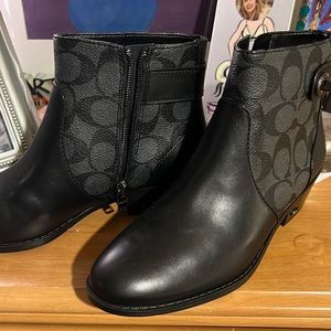 Coach Booties Black Leather & Coated Canvas C’ signature